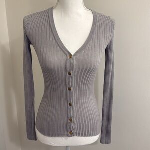 REVAMPED Ribbed Knit Button Front Cardigan Sweater Fitted Stretchy Gray Gold